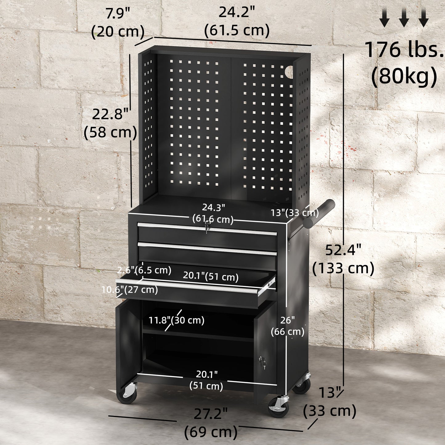 Rolling Tool Cabinet with Pegboard, Lockable Tool Chest, Mobile Tool Storage Organizer for Garage and Workshop, Black
