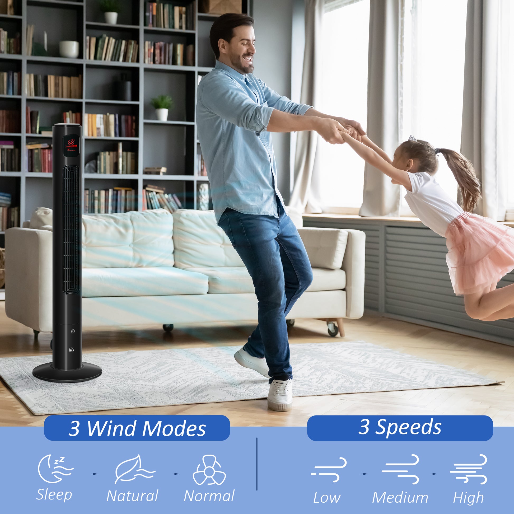 Freestanding Tower Fan Cooling for Home Bedroom with Oscillating, 3 Speed, 12h Timer, LED Sensor Panel, Remote Controlle