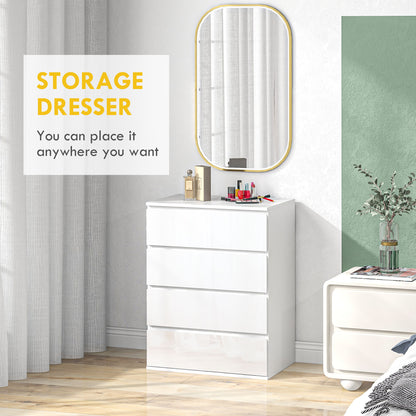 4 Drawer Cabinet, High Gloss Drawer Chest for Bedroom, Chest of Drawers with Metal Runners and Groove Handles, White