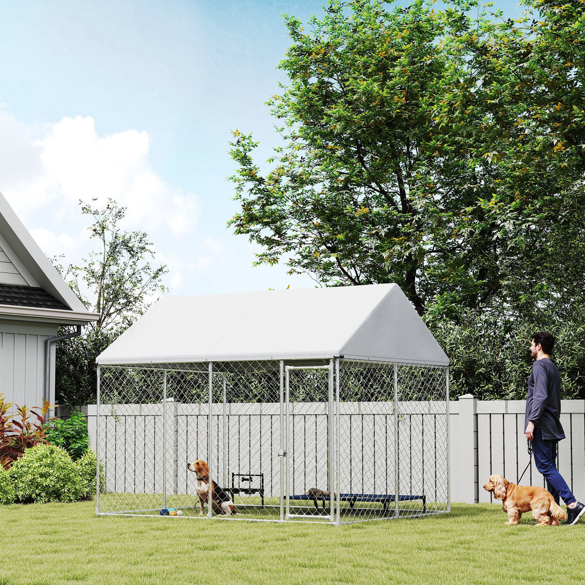 Heavy Duty Galvanized Steel Outdoor Dog Kennel with Waterproof Roof, Safety Lockable Latch System, 9.2' x 7.5' x 7.2'