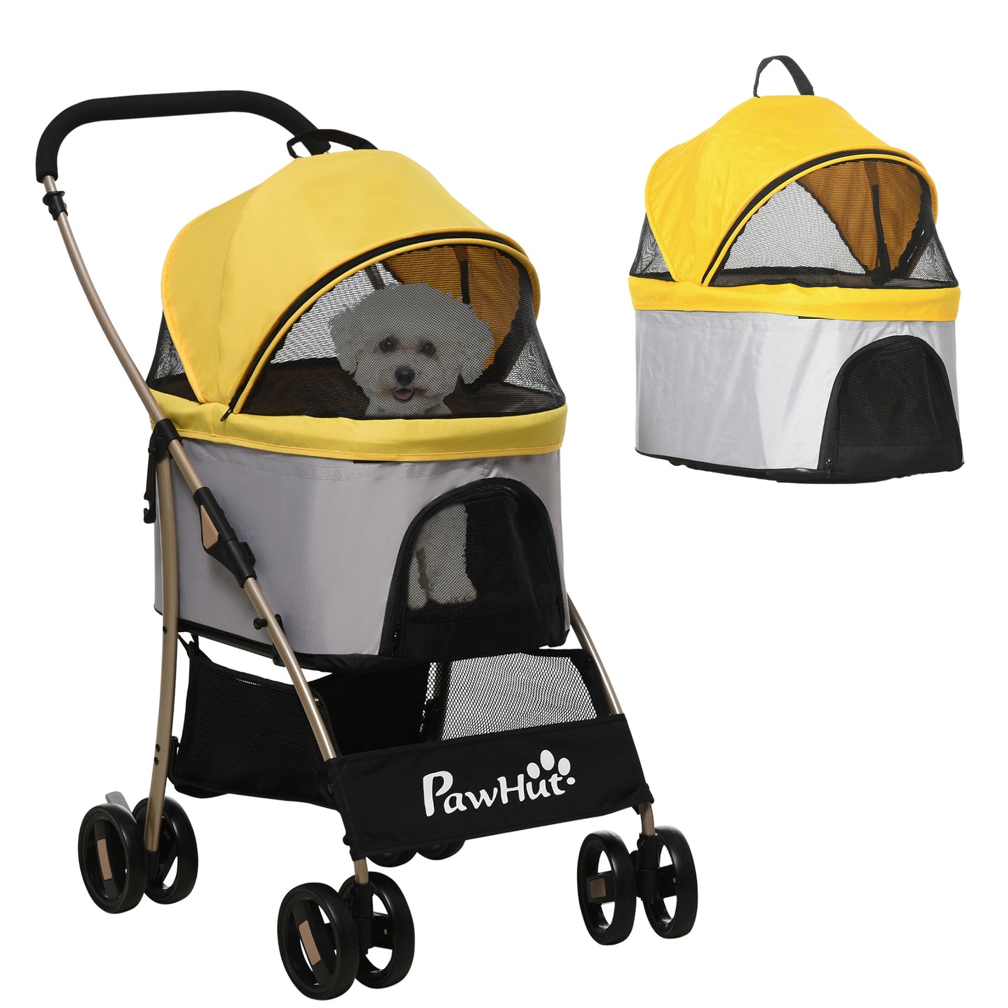 4 Wheels Pet Stroller, 3 in 1 Dog Cat Travel Folding Carrier, for Small Dogs, Detachable, w/ Brake, Canopy, Basket, Stor
