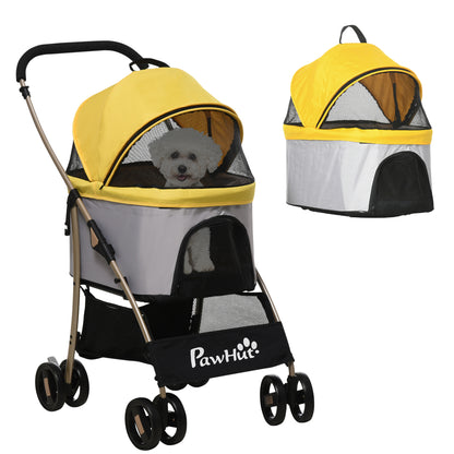 4 Wheels Pet Stroller, 3 in 1 Dog Cat Travel Folding Carrier, for Small Dogs, Detachable, w/ Brake, Canopy, Basket, Stor