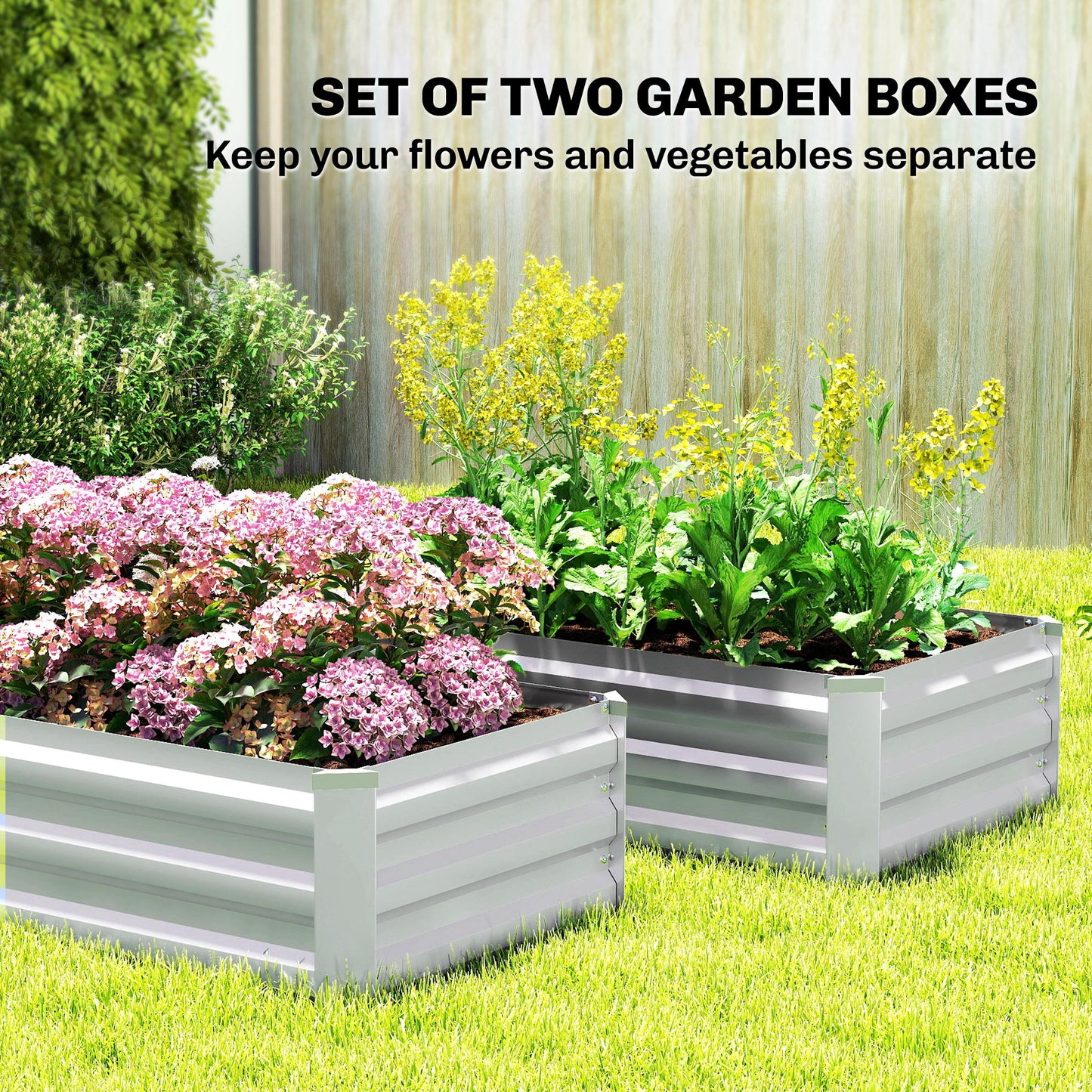 Set of 2 Galvanized Raised Beds for Garden, Outdoor Planter Box for Flowers, Herbs and Vegetables, Grey