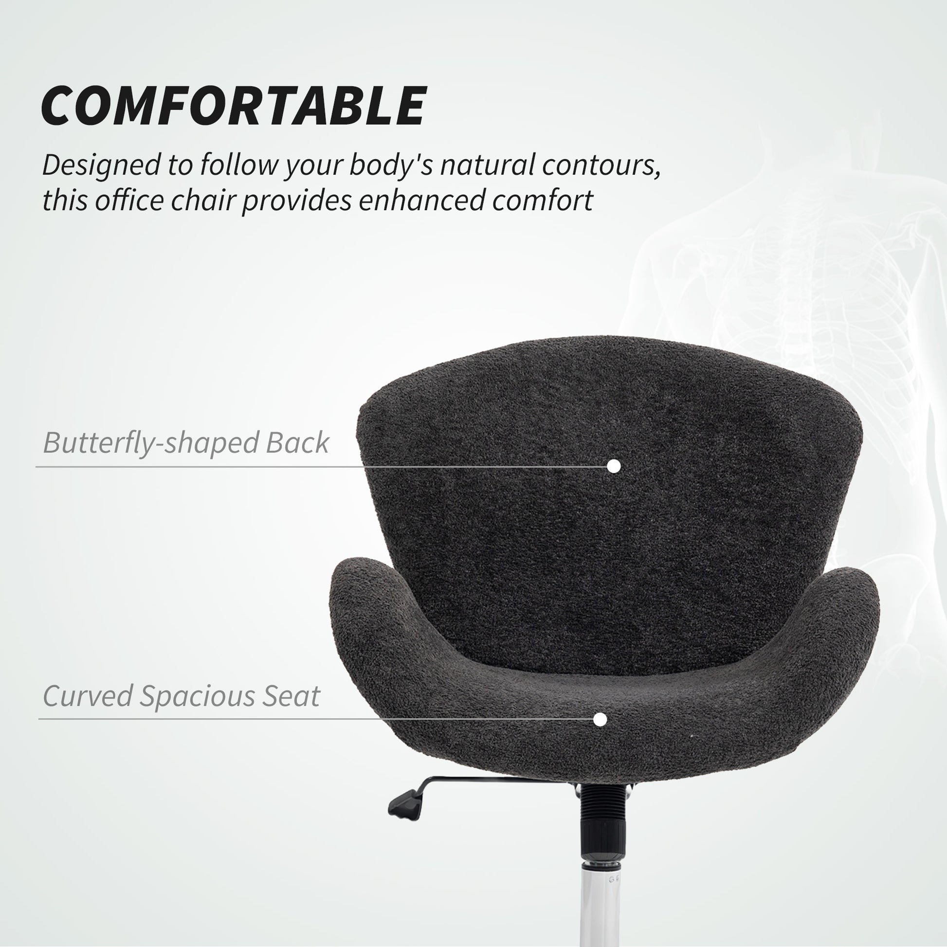 Swivel Office Chair, Velvet Desk Chair with Wide Bucket Seat, Butterfly Back, Tilt Function and Round Base, Dark Grey