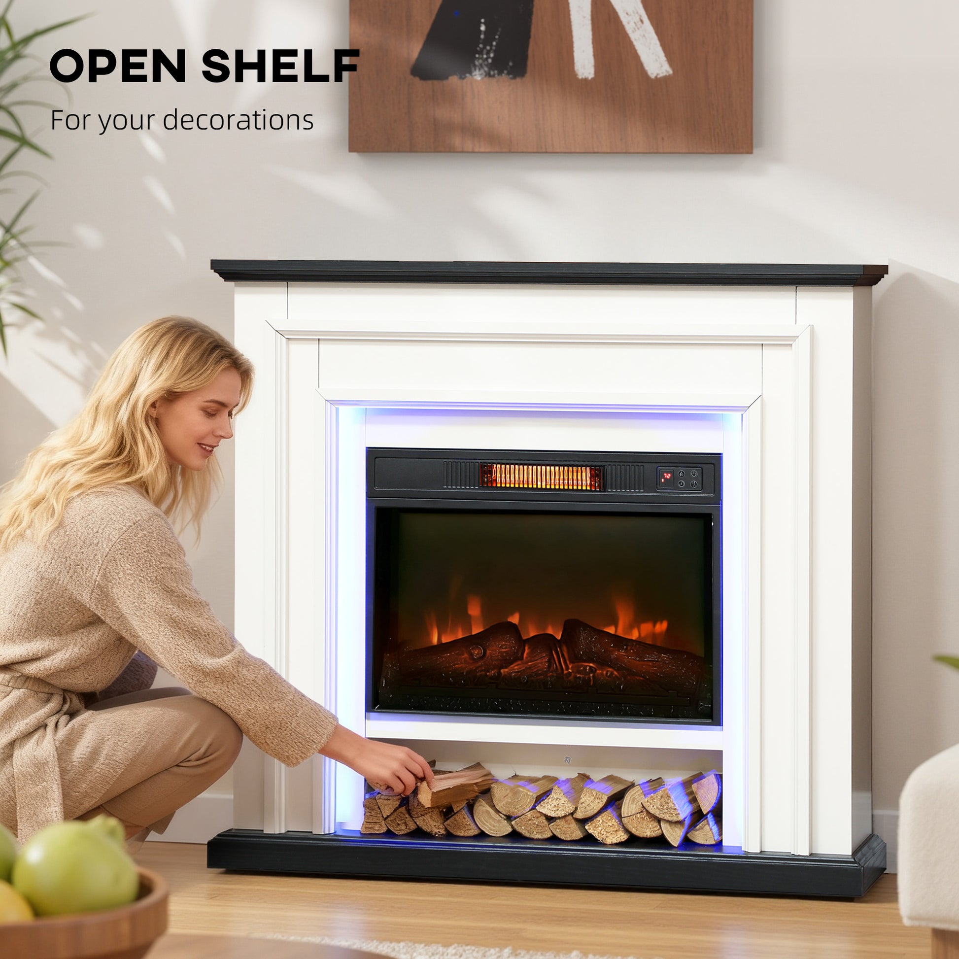 41 Inch Electric Fireplace with Mantel, 1400W Fireplace Heater with Adjustable 3D Flame Effect, Black and White
