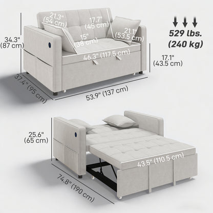 3‑in‑1 Convertible Sofa Bed, Pull Out Sleeper Sofa with USB Charging, Adjustable Backrest, Side Pockets, Beige