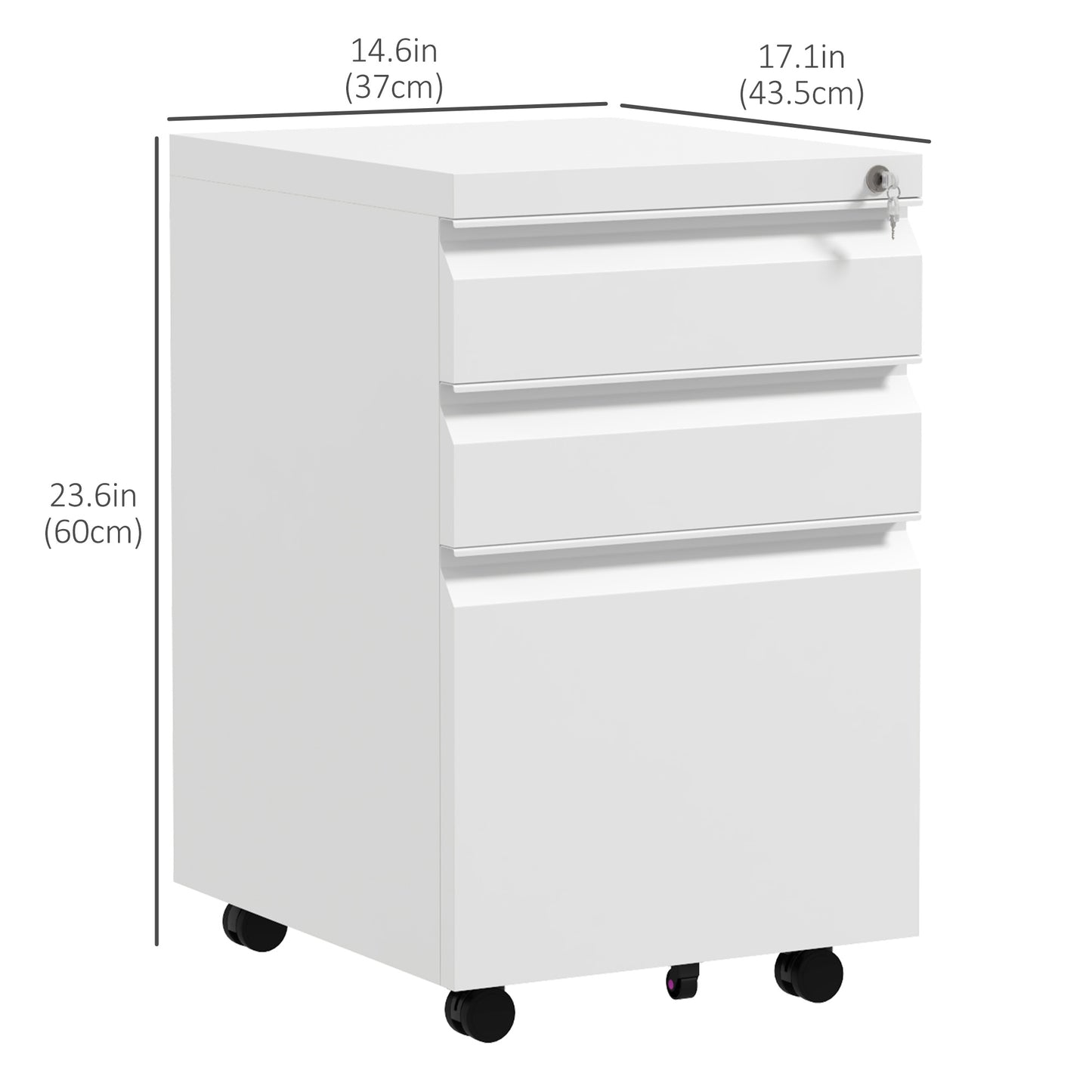 3 Drawer File Cabinet with Lock, Steel Vertical Filing Cabinet with 5 Wheels and Hanging Bar for A4/Legal/Letter, Home O
