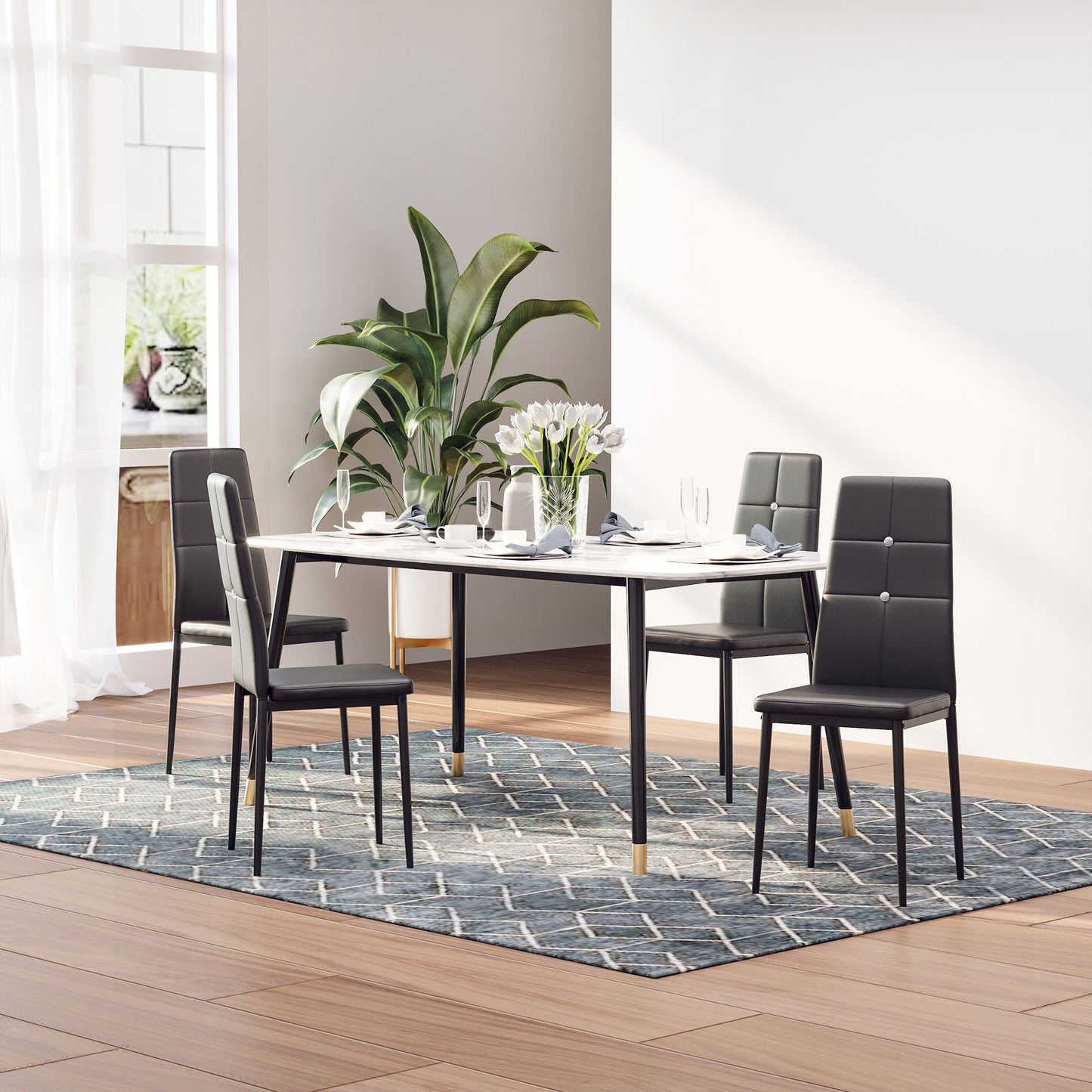 Set of 4 Modern Style Dining Chairs, Button Tufted High Back Side Chairs with Upholstered Seat, Steel Legs for Living Ro