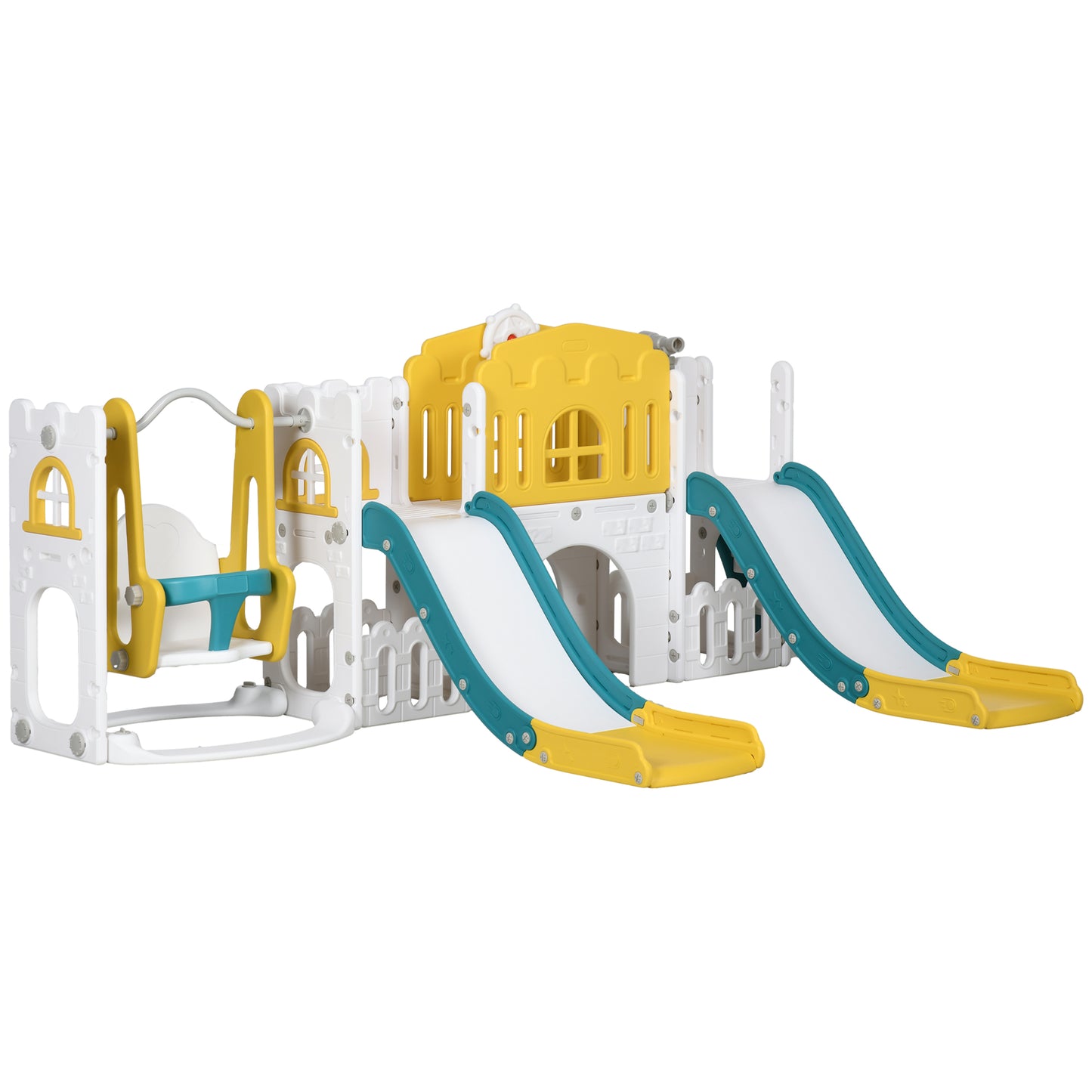 Qaba 8 in 1 Slide and Swing Set, Toddler Slide Set with Basketball Hoop, Climber, Steering Wheel, for Aged 1-3 Years, Ye