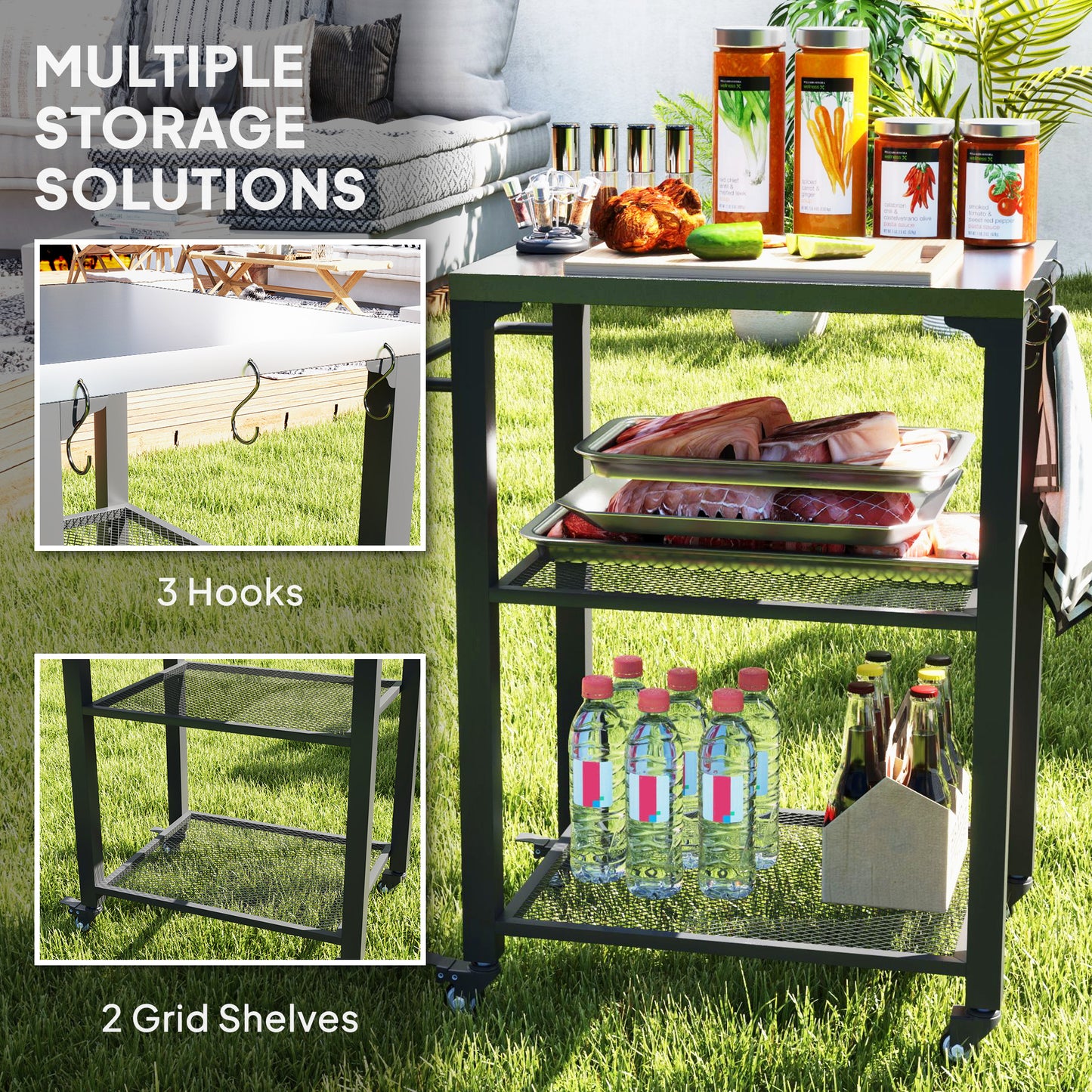 3-Shelf Outdoor Grill Cart Table with Stainless Steel Top, Hooks, Pizza Oven Stand on Wheels