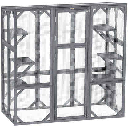 Outdoor Cat Enclosure with 6 Jumping Platforms, Weatherproof Roof, Large Front Door for 1-3 Cats, 59" x 28" x 60", Grey