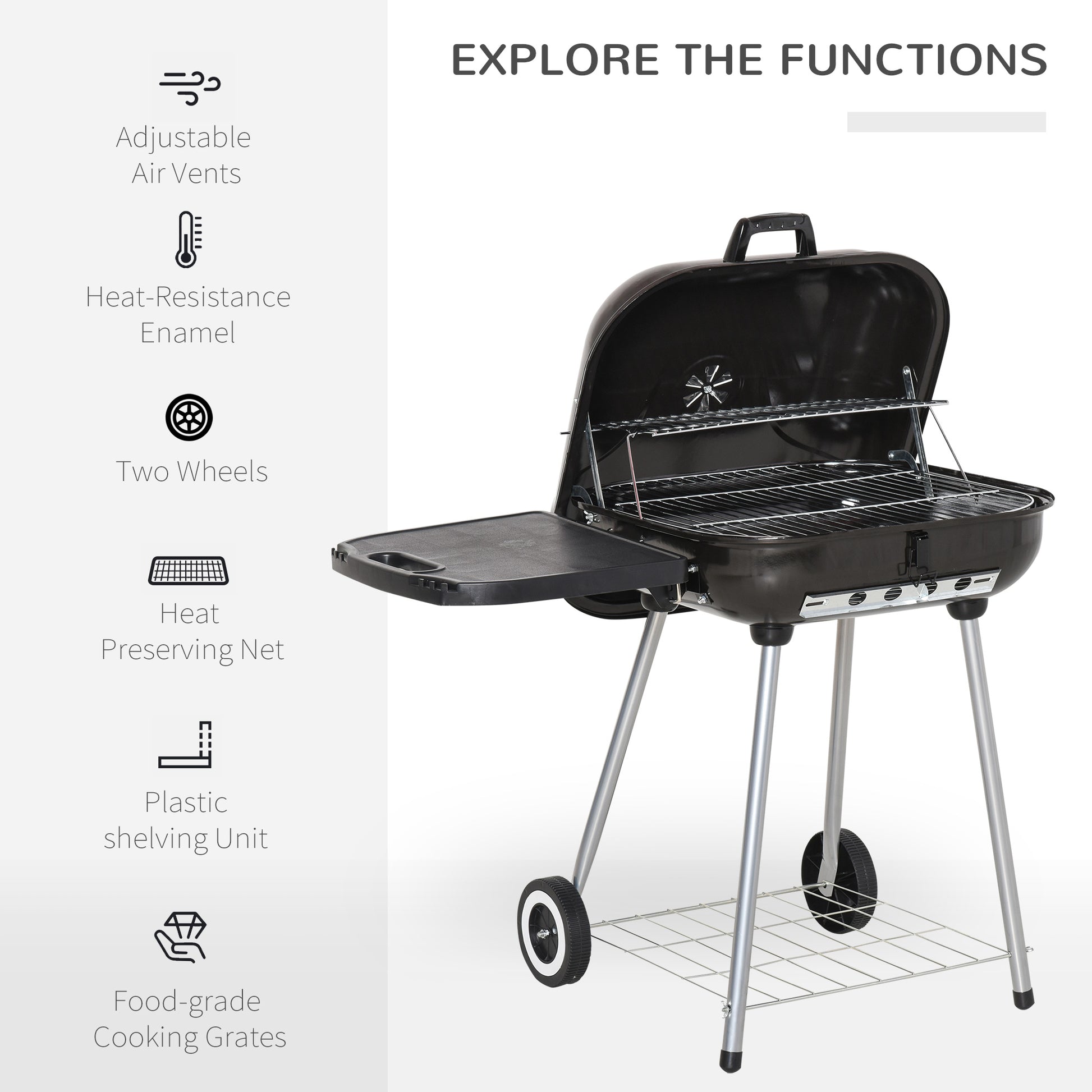 Charcoal BBQ Grill with Warming Rack & Storage Side Table, Portable Barbecue Smoker, 89 x 60 x 83 cm, Black