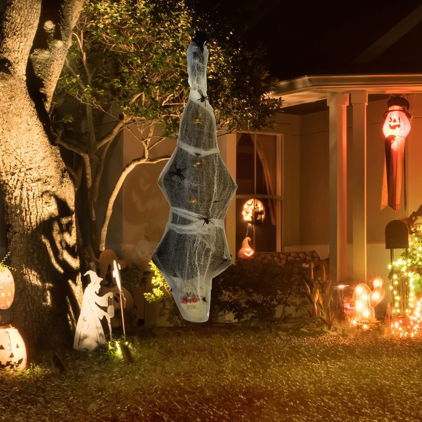 55.9 Inch/4.7ft Life Size Outdoor Halloween Decoration Hanging Mummy with Spider Web, Animated Prop Decor with Sound and