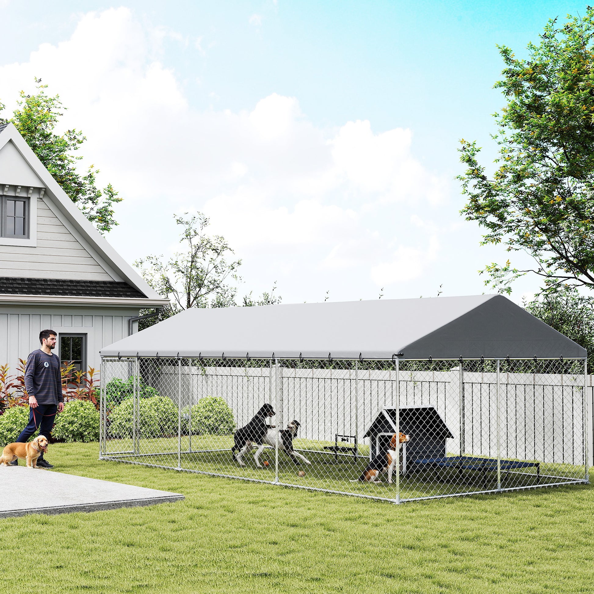 Galvanized Steel Outdoor Dog Kennel with Roof, Safety Locks, for Backyard, 19.7' x 9.8' x 7.1'
