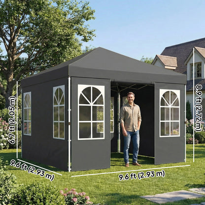 9.6 x 9.6 ft Pop Up Canopy Tent with 4 Sidewalls, UPF 50+ 1-Button Push Easy Setup Outdoor Instant Canopy, Dark Grey