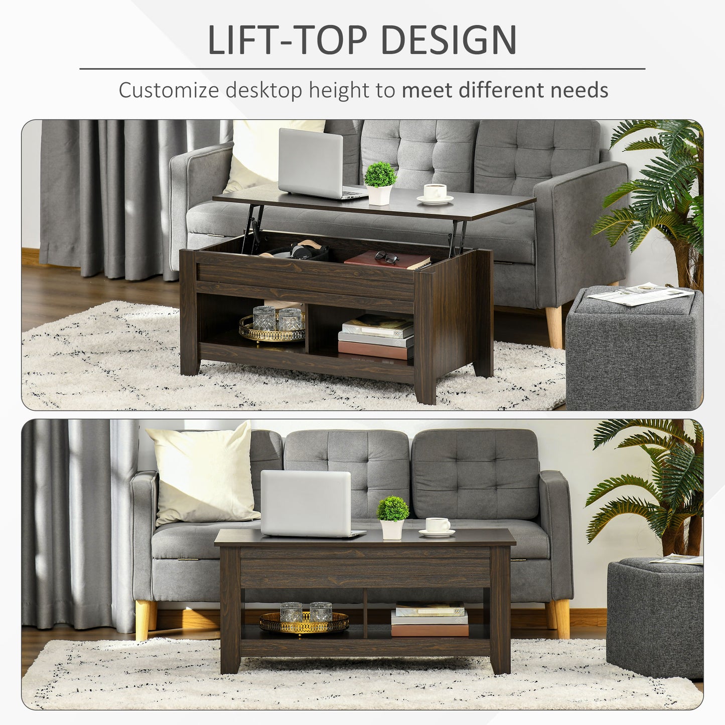 Lift Top Coffee Table with Hidden Storage Compartment and Open Shelves, Lift Tabletop Pop-Up Center Table for Living Roo