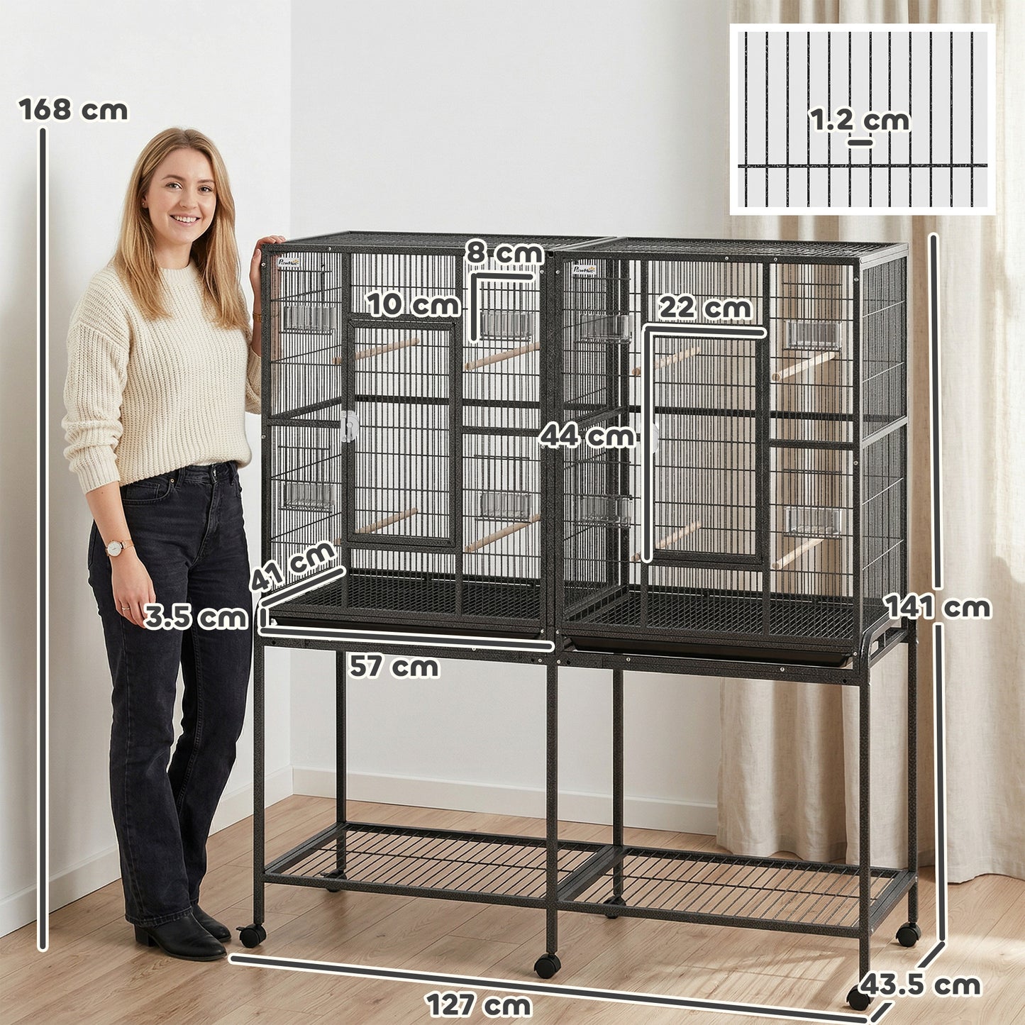 56"H Bird Cage, Parrot Cage w/ Detachable Rolling Stand, Removable Tray, Storage Shelf, Perches, Food Container