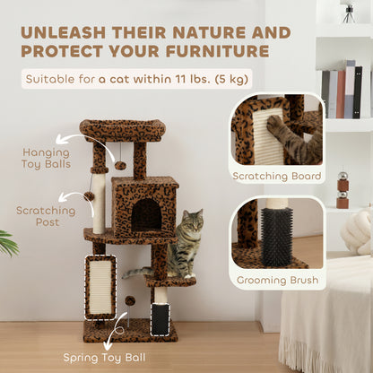 41 Inch Cat Tree with Scratching Posts, Cat Bed, Condo, Jumping Platforms, Toy Balls, Leopard Print