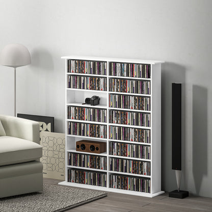 8-Tier DVD Shelf with 12 Adjustable Shelves, Double CD Shelf, Holds 720 CDs, 396 DVDs or 396 Blu-rays, White