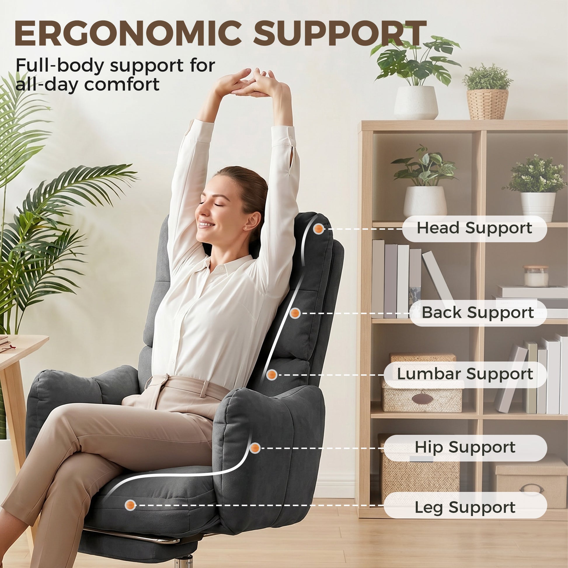 Office Chair with Foot Rest, Ergonomic Reclining Computer Gaming Chair w/ Snow Flannel Fabric, Thick Cushion, Dark Grey