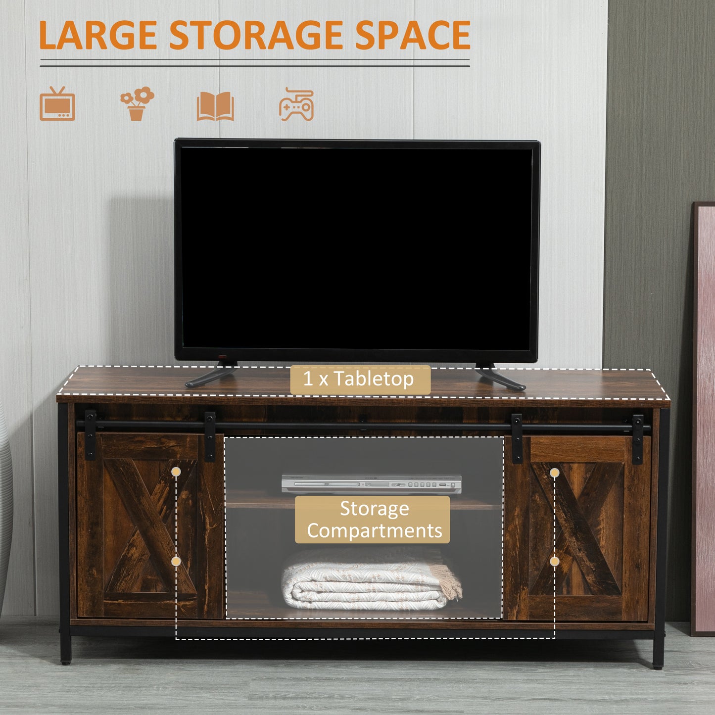 Industrial TV Stand for TVs up to 60", TV Console with Storage and 2 Sliding Barn Doors, Freestanding Entertainment Unit