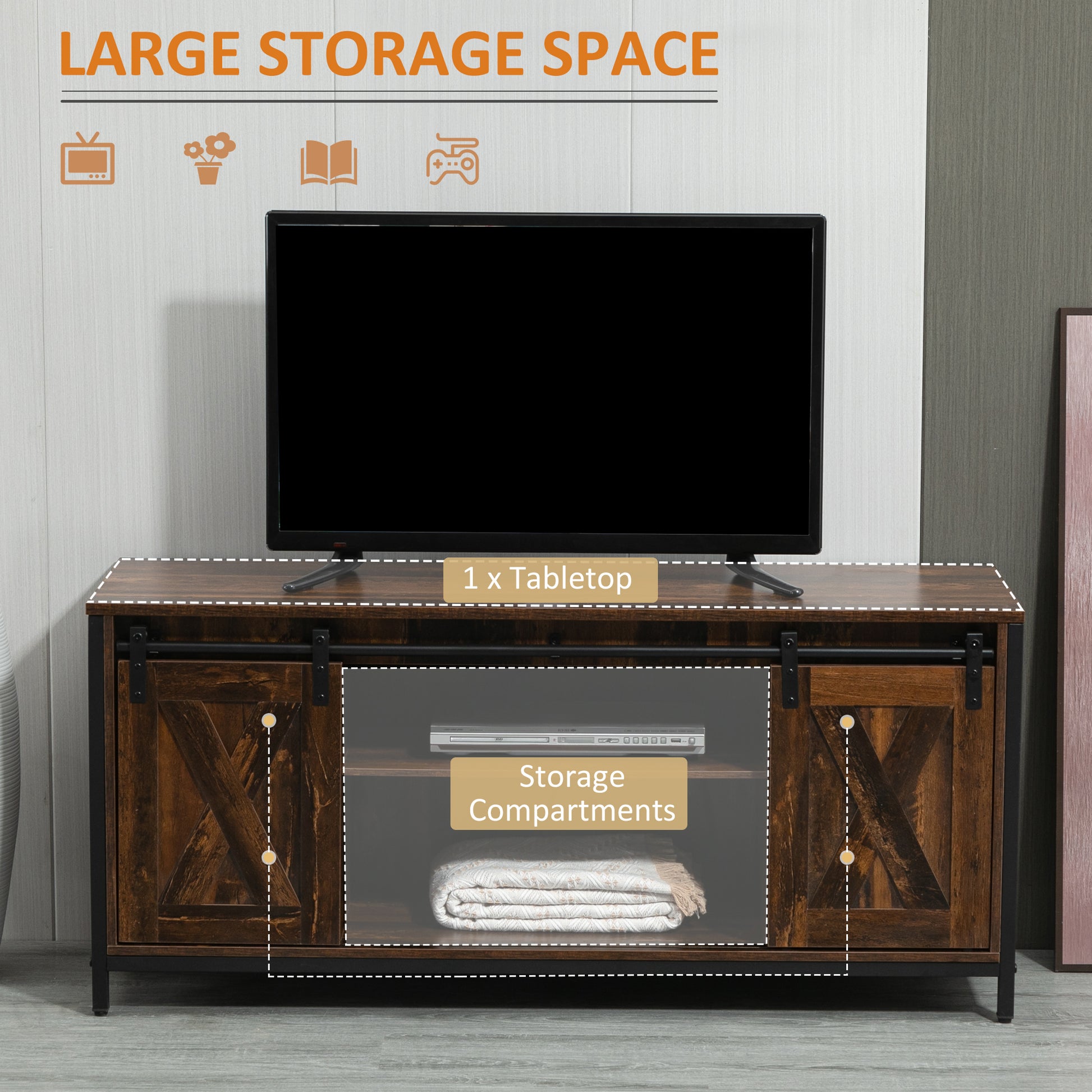 Industrial TV Stand for TVs up to 60", TV Console with Storage and 2 Sliding Barn Doors, Freestanding Entertainment Unit