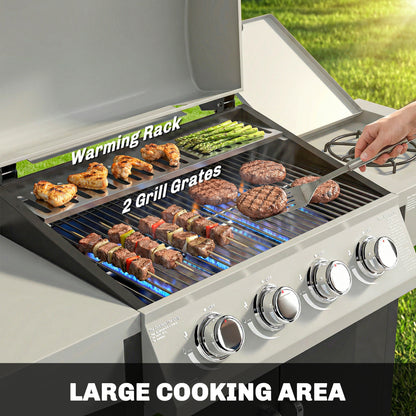 4+1 Burner Liquid Propane Gas Grill, Outdoor Portable BBQ Grill with Side Burner, Warming Rack, Side Shelf