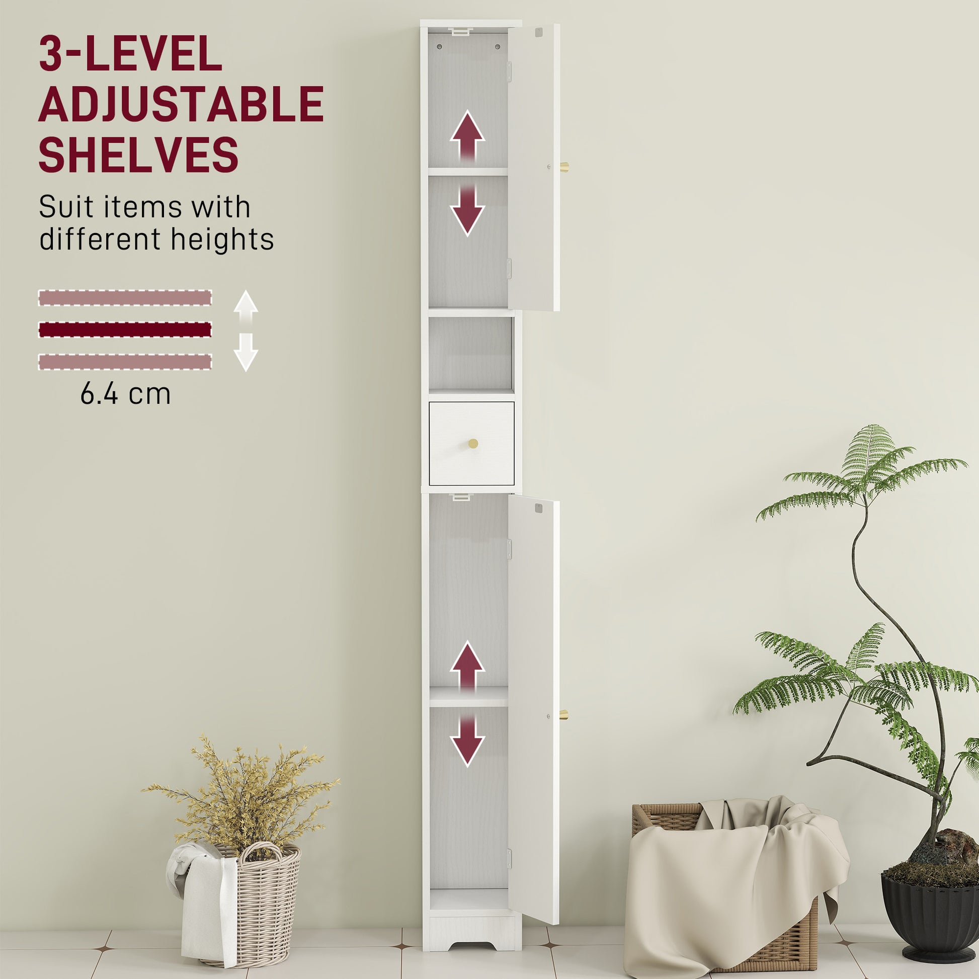 Tall Bathroom Cabinet, Modern Slim Bathroom Storage with Arched Doors, Drawer and Open Shelf, Narrow Storage, White