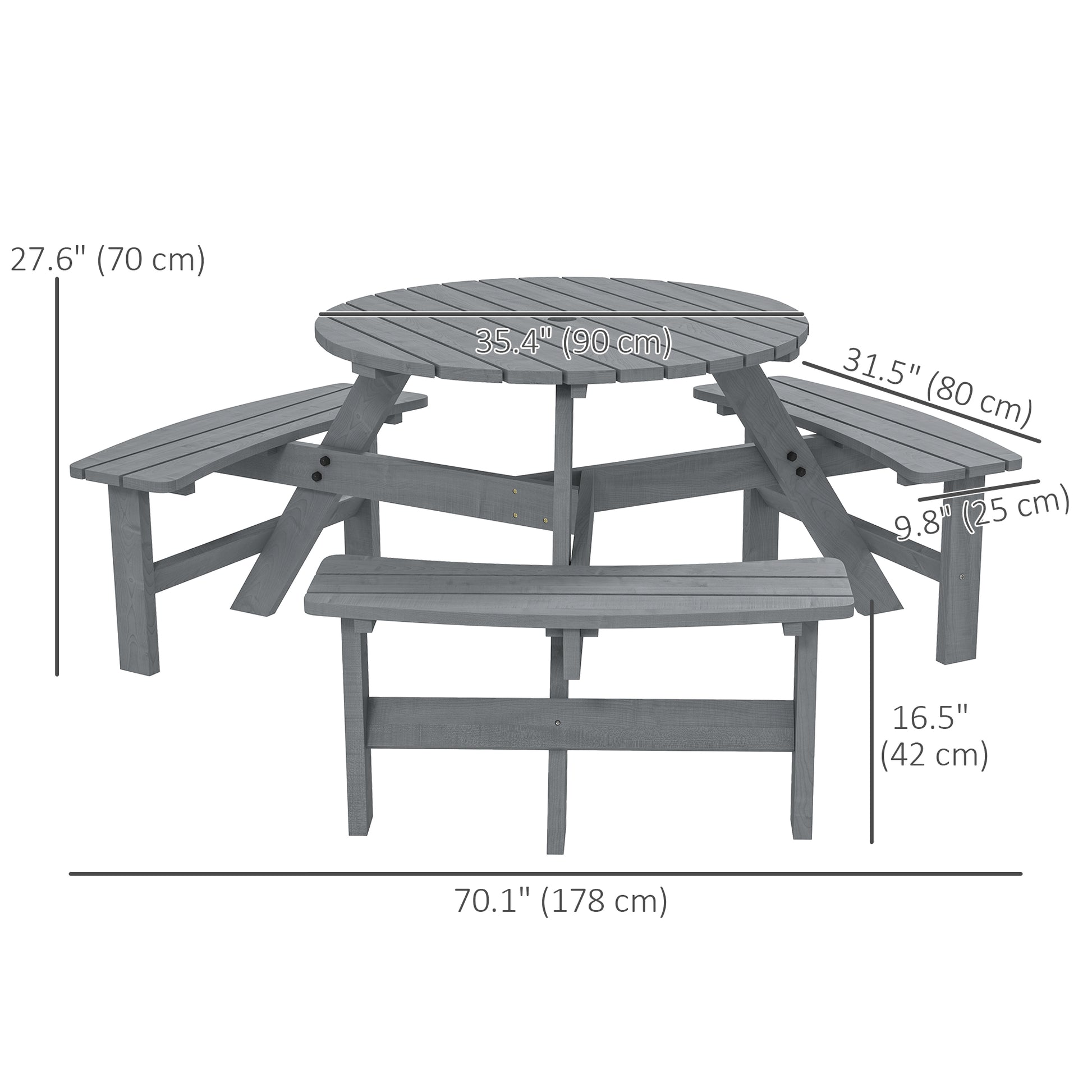 6 Person Round Picnic Table Bench Set with Umbrella Hole, Wood Patio Table with 3 Built-in Benches for Garden, Deck, Bac