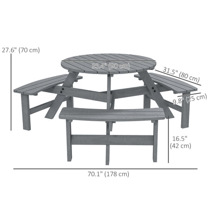 6 Person Round Picnic Table Bench Set with Umbrella Hole, Wood Patio Table with 3 Built-in Benches for Garden, Deck, Bac