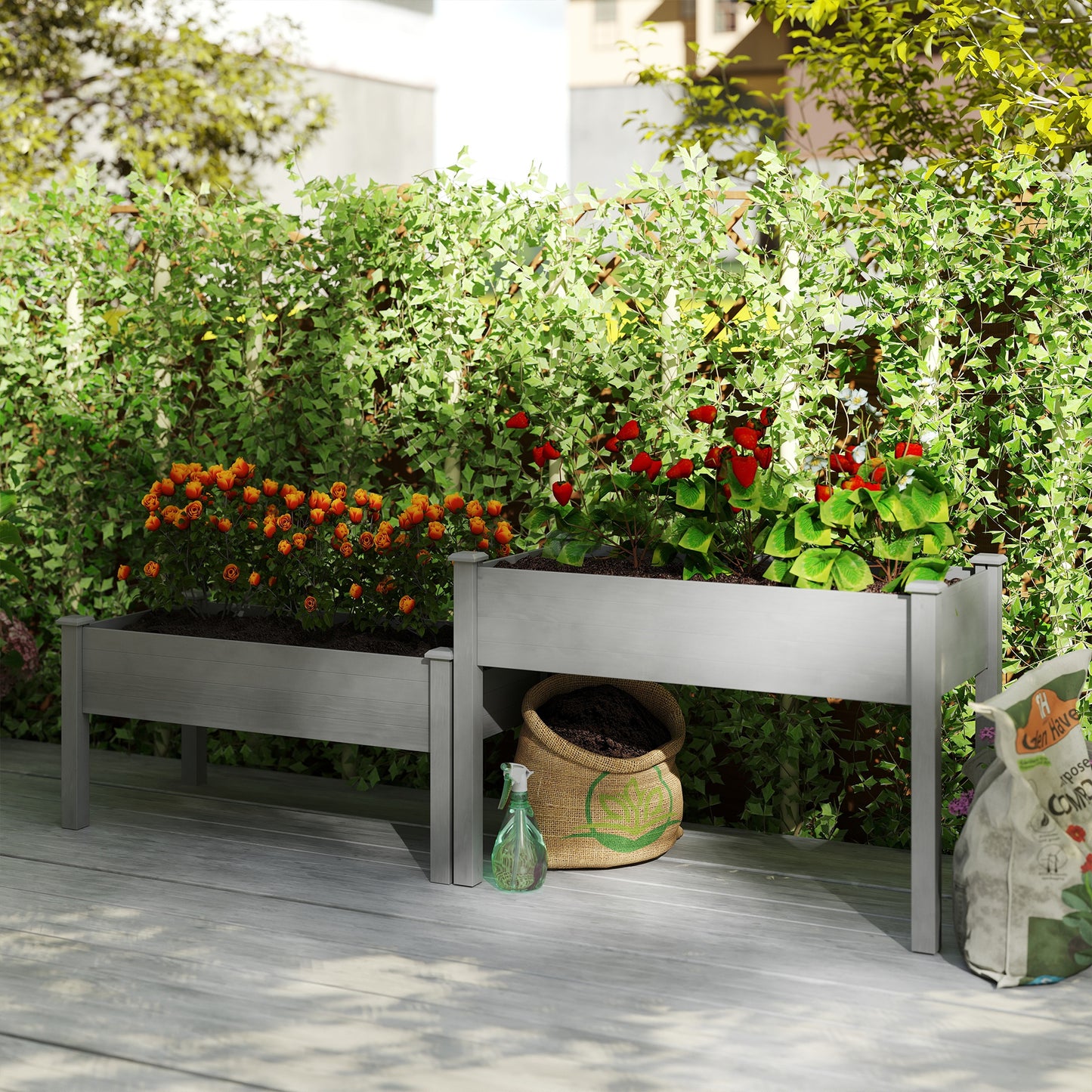 2 Tiers Wood Plant Raised Bed Flower Vegetable Herb Grow Box Stand Garden  Step Planter Stand Free Combination Grey
