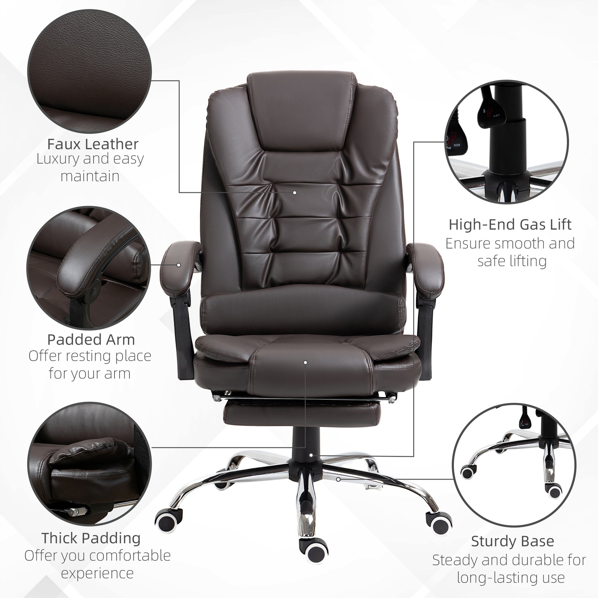 High Back Office Chair PU Leather Executive Office Chair with Retractable Footrest Padded Armrest Coffee