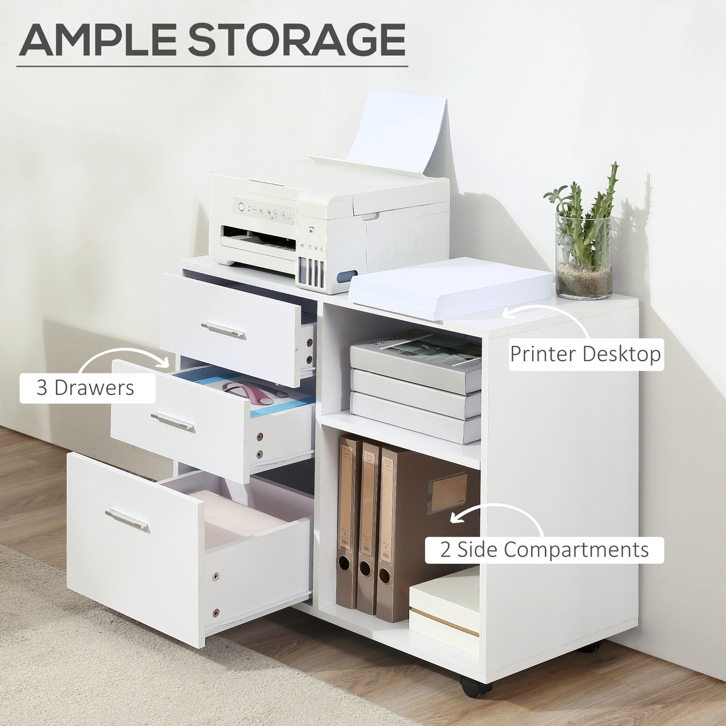 Modern Lateral Filing Cabinet, 3 Drawer File Cabinet for Letter and A4 Size Documents, Mobile, Printer Stand with Open S