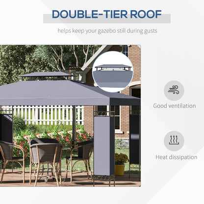 10' x 13' Outdoor Gazebo, Double Roof Patio Gazebo Canopy Shelter with Screen Decorate Corner Frame, Grey