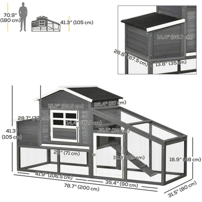 79" Wooden Chicken Coop, Outdoor Hen House, Poultry Habitat with Removable Tray, Nesting Box, Run, Ramp, Grey