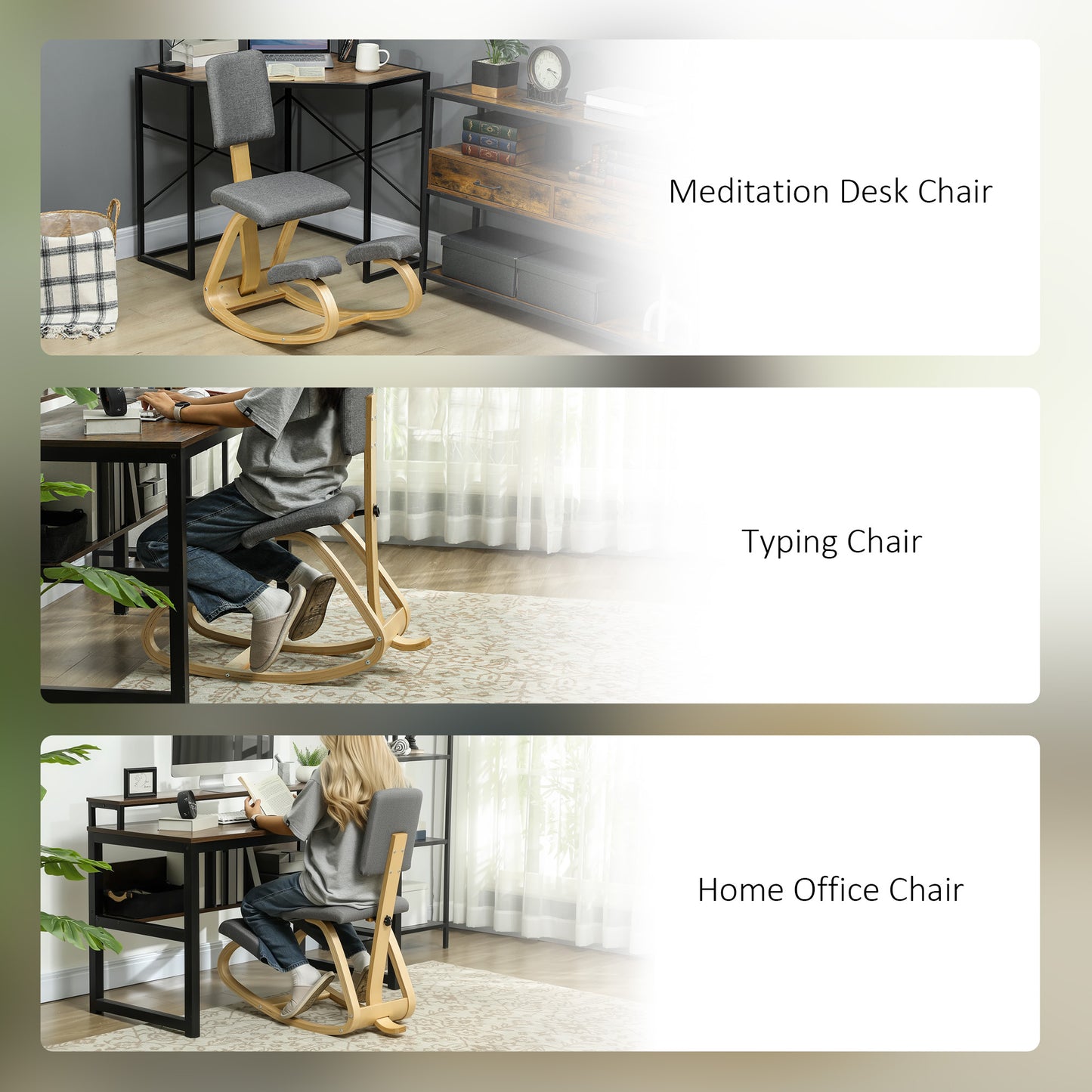 Ergonomic Kneeling Chair, Rocking Wood Kneel Stool with Backrest for Improve Posture, Back Pain, Grey