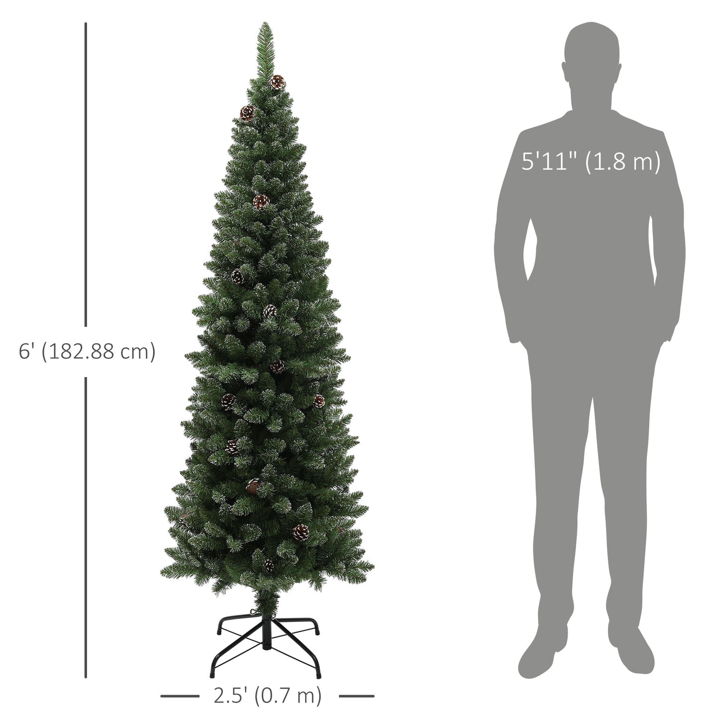 6ft Artificial Pencil Christmas Tree with 618 Branches, Pinecones, Metal Stand, Realistic Xmas Tree for Home