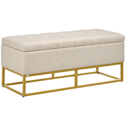 Storage Ottoman with Flip Top, Upholstered Storage Bench, Linen Fabric Footstool with Steel Legs for Living Room, Bedroo