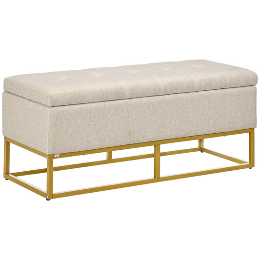 Storage Ottoman with Flip Top, Upholstered Storage Bench, Linen Fabric Footstool with Steel Legs for Living Room, Bedroo