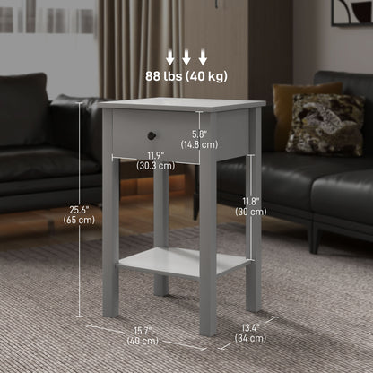 End Tables Set of 2, Side Tables with Drawer and Bottom Shelf, 2-tier Nightstand for Bedroom, Living Room, Grey