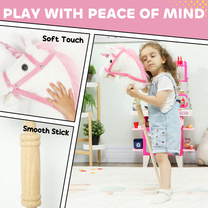 Qaba Unicorn Stick Horse, Plush Hobby Horse with Wood Wheels, Real Pony Neighing and Galloping Sounds, for Kids, White