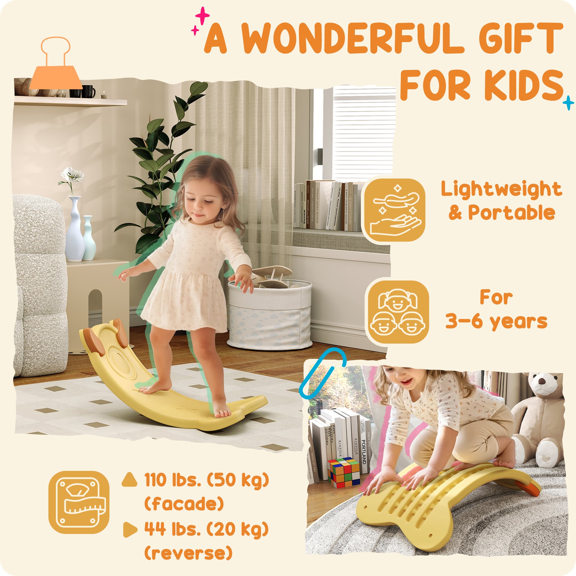 Qaba 24.4" Kids Balance Board, Wobble Board Toddler Curved Rocker, Preschool Balance & Sensory Play Toy, Ages 3-6, Yello