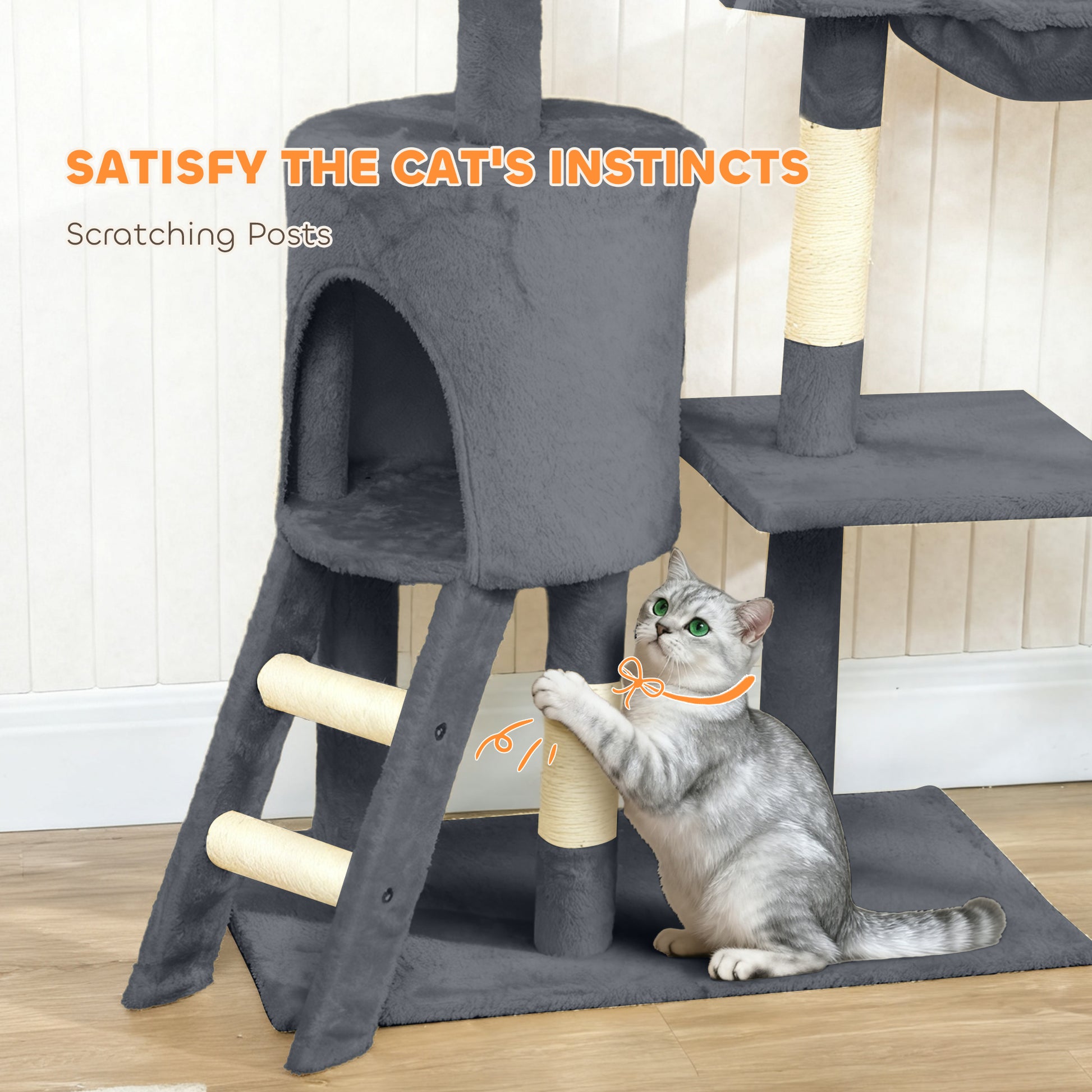 53" Cat Tree Tower, Kitten Activity Centre with Scratching Posts, Condo, Perches, Ladder, Hammock, Dangling Toys, Dark G
