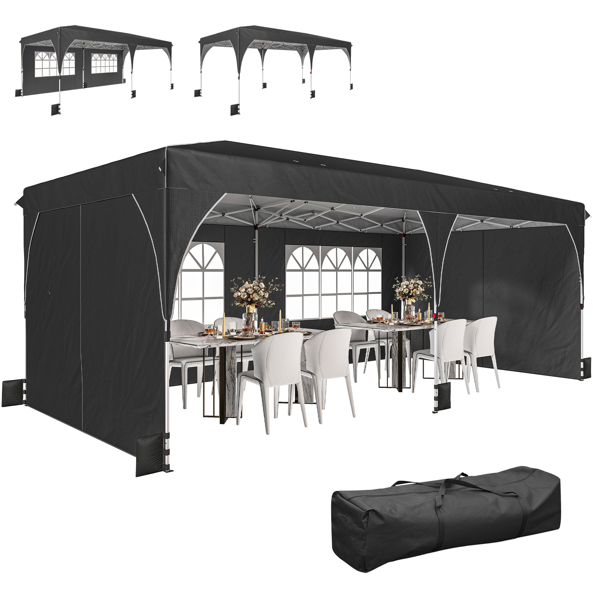 10 x 20 ft Pop Up Canopy Tent with Reflective Strips, UPF 50+ Easy up Instant Canopy with 6 Sandbags, Black