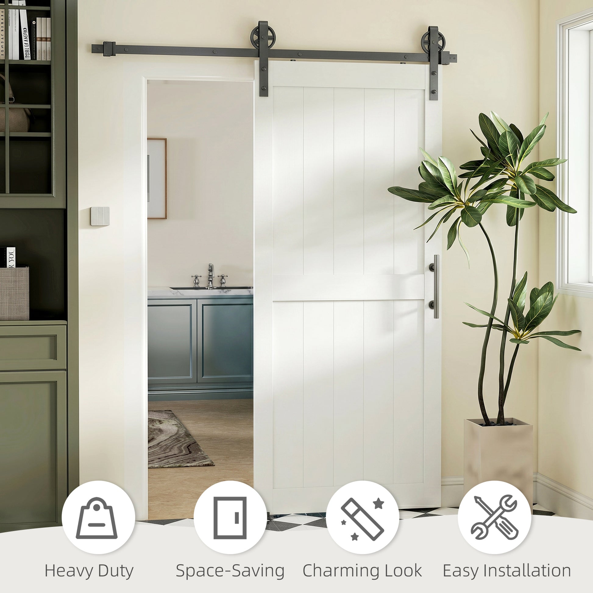 32inx84in Barn Door with 6FT Sliding Door Hardware Kit, Handle, Upgraded Rollers and Floor Guide, Waterproof, White