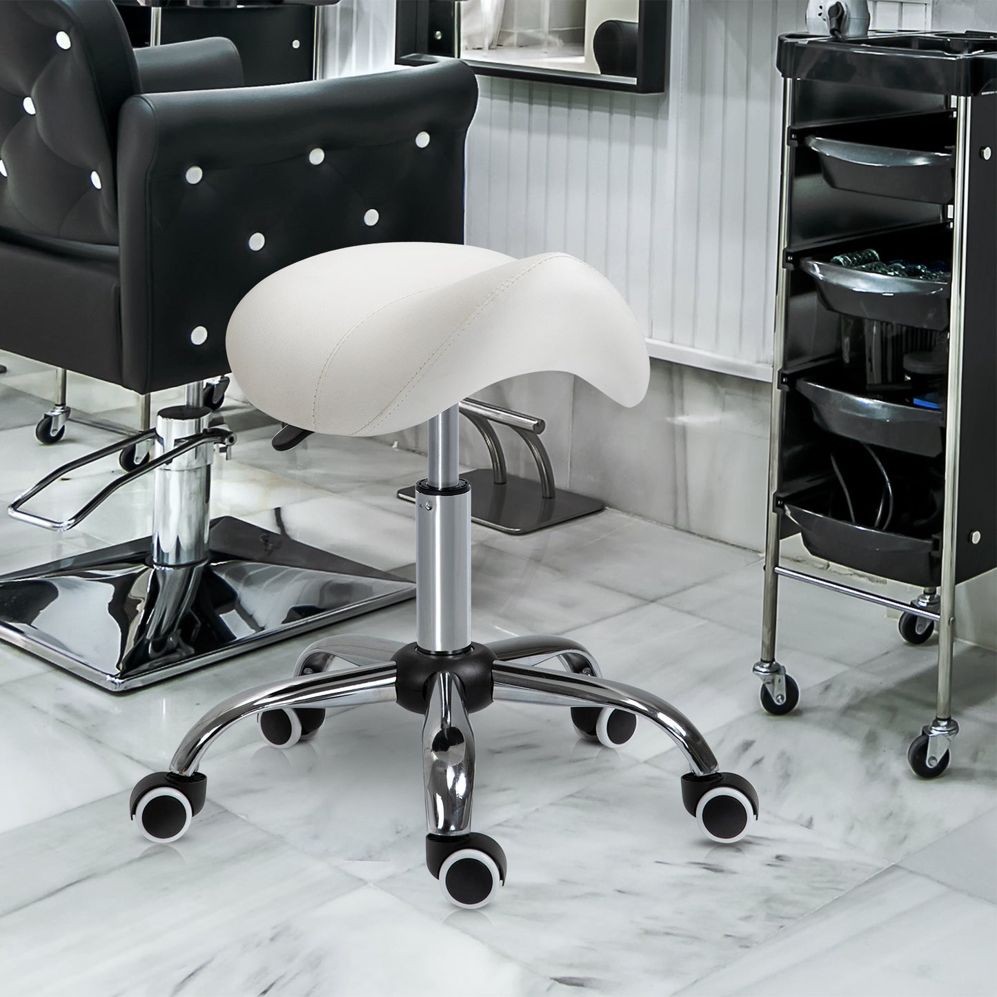 Ergonomic Saddle Stool with Wheels, Adjustable PU Leather Saddle Chair, 360° Swivel, No Back Pain, Healthy Posture, Salo