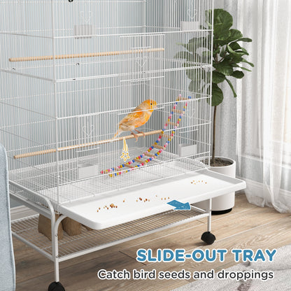 52" Bird Cage with Rolling Stand, Toys, for Budgies Canaries White