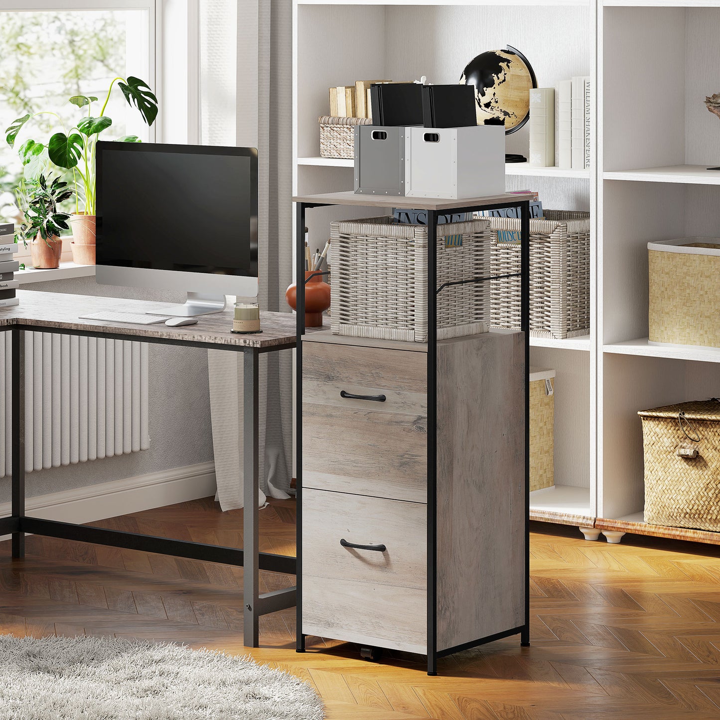 Vertical Filing Cabinet, Tall File Cabinet with 2 Drawers, Hanging Bars for Letter and A4 Size, Distressed Grey