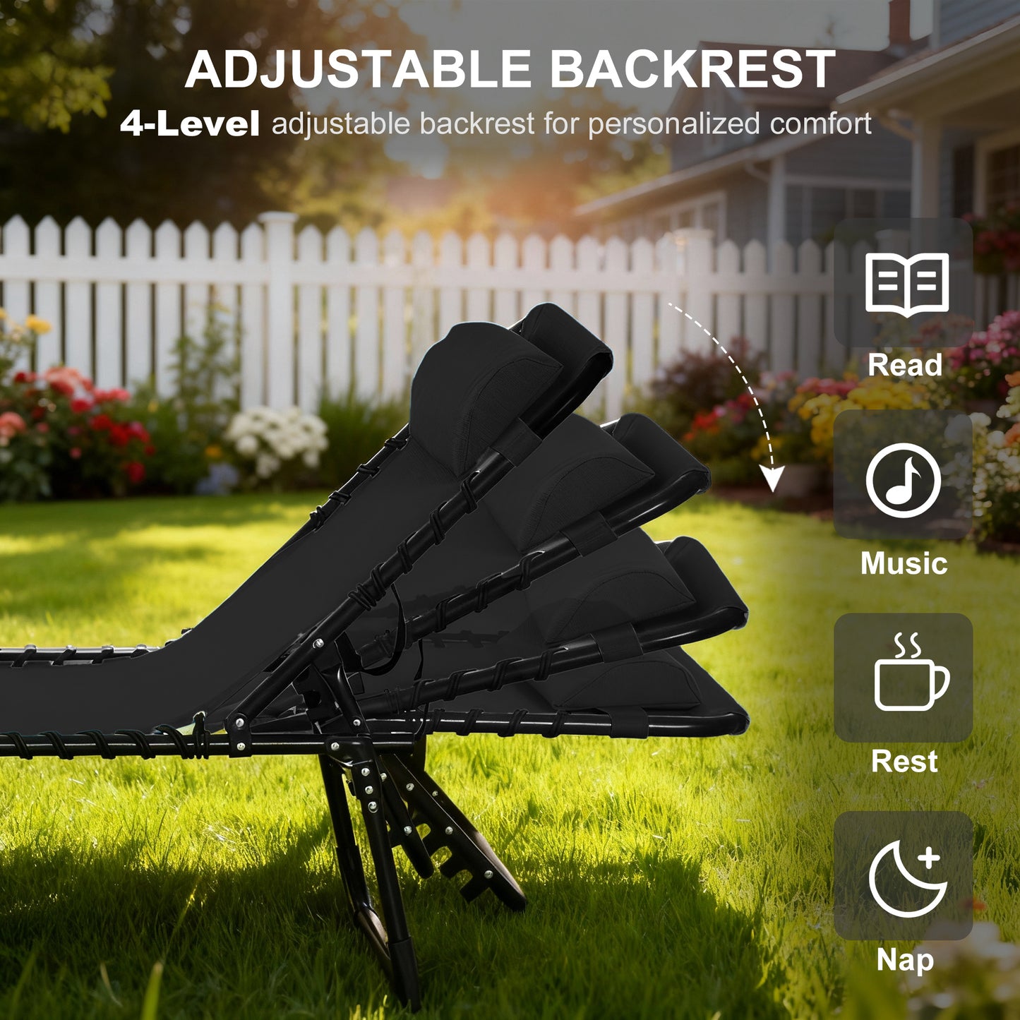 Outdoor Folding Lounge Chair, 4-Level Adjustable Chaise Lounge with Headrest, Tanning Chair Beach Bed Reclining Lounger 