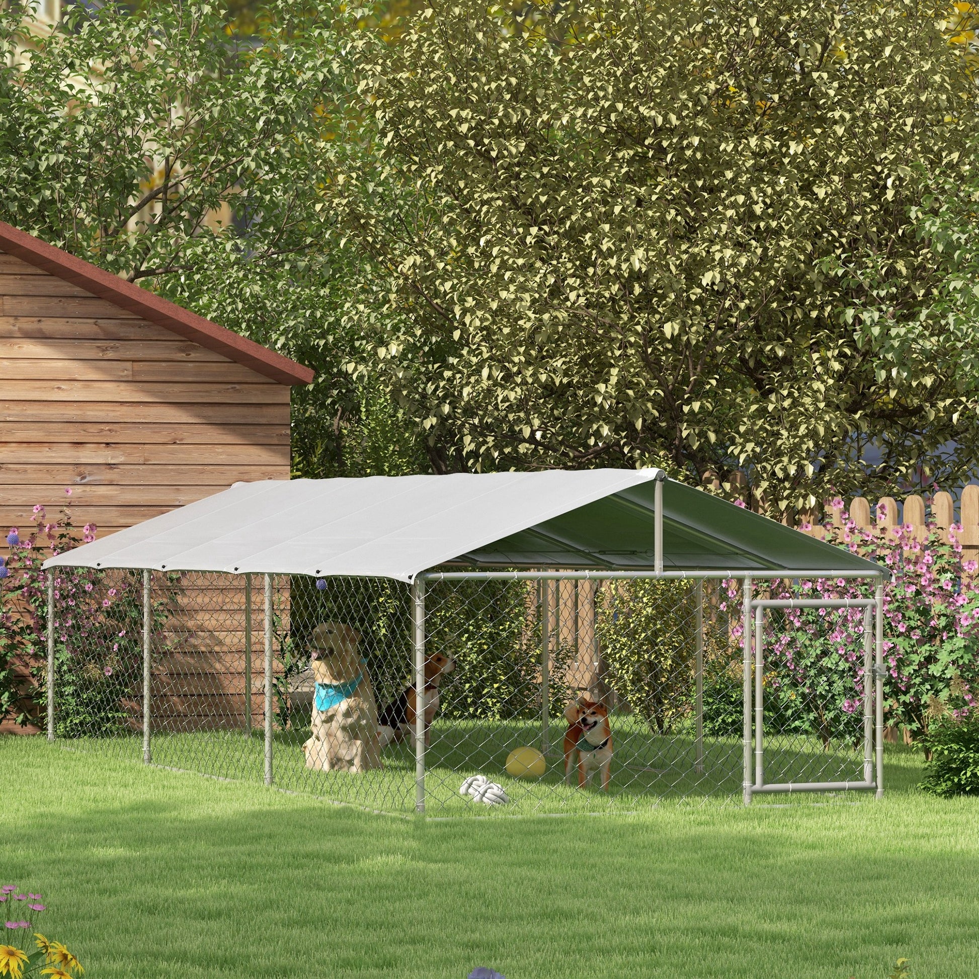 19.7' x 7.5' x 4.9' Outdoor Dog Kennel Weatherproof Play Run for Medium Gentle Dogs with UV & Waterproof Cover, Silver